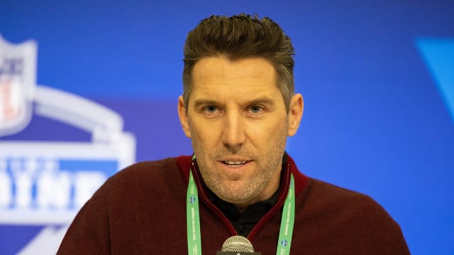 Feb 27, 2024; Indianapolis, IN, USA; Washington Commanders general manager Adam Peters talks to the media at the 2024 NFL Combine at Indiana Convention Center.